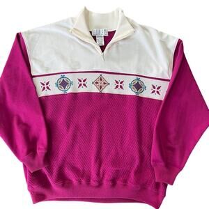 VTG 80s 90s Quarter Zip Knit Pullover Sweater Womens L-Pet Colorblock Geometric